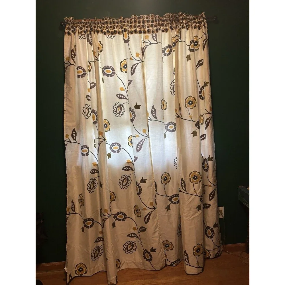 Pier 1 Imports West End Window Curtain Panels Floral Boho Cream Gold Brown Set 2